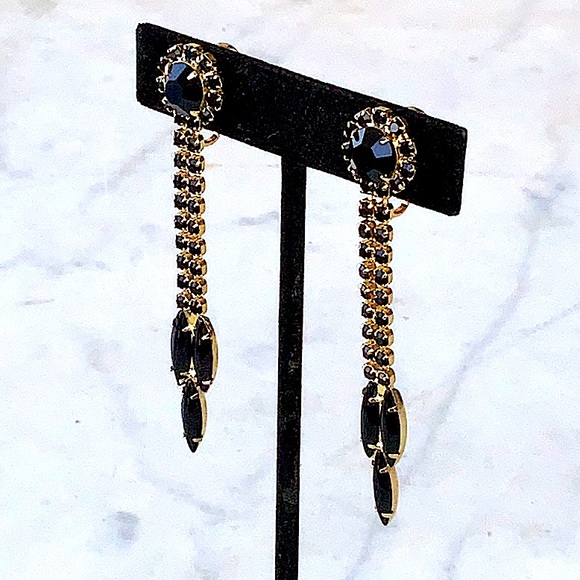 JULIANA D & E EARRINGS BLACK GLASS GOLD DANGLES UNMARKED VINTAGE 3 IN NEVER USED - Picture 2 of 9